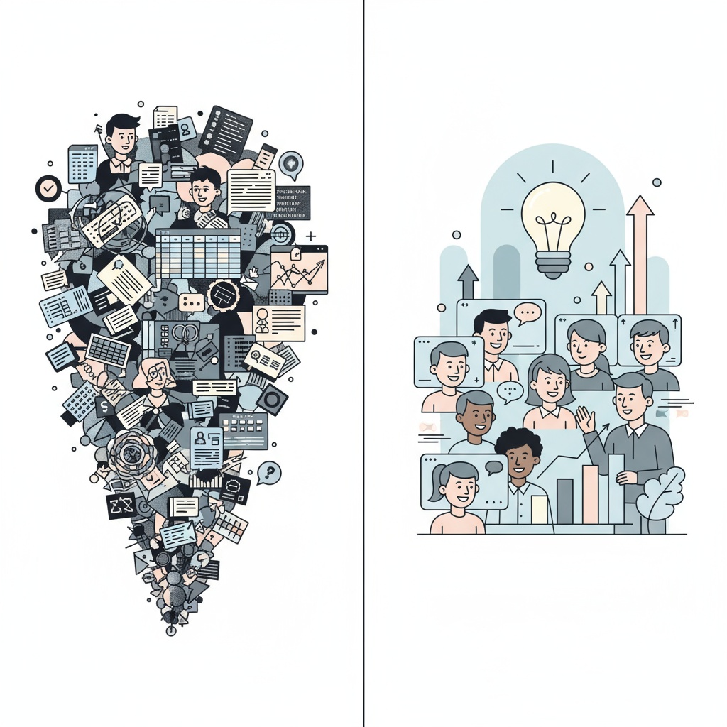 Split illustration contrasting feature-focused EdTech selling with concept-based transformation selling, showing cluttered chaos on left versus clear success vision on right