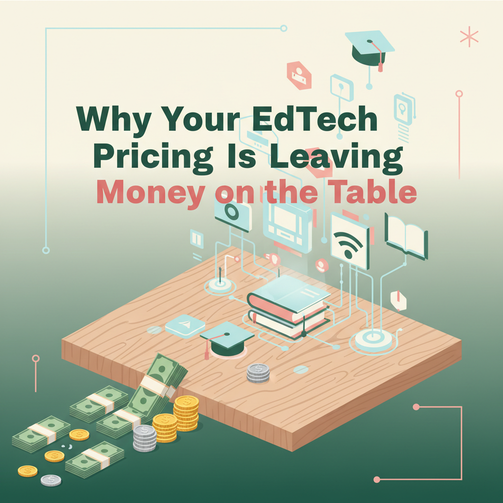Professional business graphic showing money on a table with text overlay reading "Why Your EdTech Pricing Is Leaving Money on the Table" in brand colours of deep green, light blue, cream and soft pink