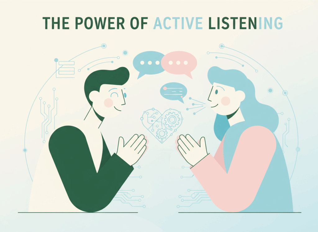 Professional illustration showing two business professionals in meaningful conversation, depicting active listening and genuine engagement in a sales meeting, using Seventh Sibling brand colours of deep green, light blue, cream and soft pink
