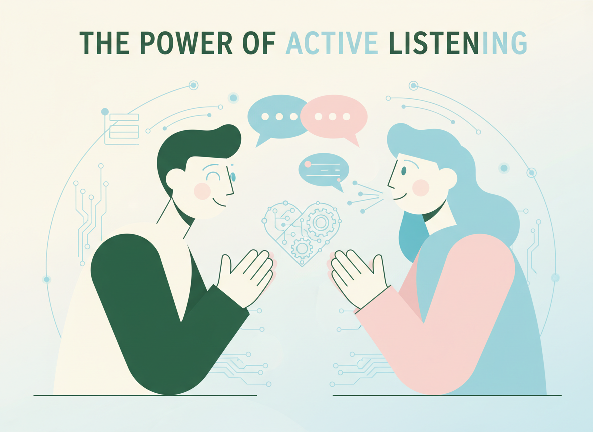 Professional illustration showing two business professionals in meaningful conversation, depicting active listening and genuine engagement in a sales meeting, using Seventh Sibling brand colours of deep green, light blue, cream and soft pink