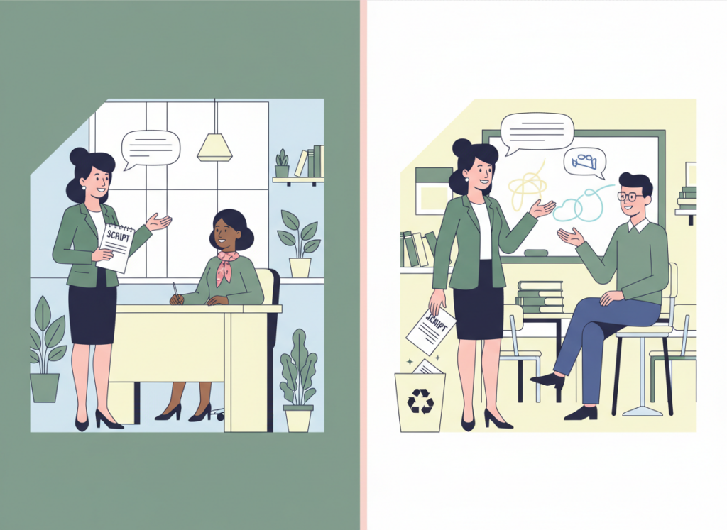 Split-screen illustration of an education sales professional in a British school setting. On the left, the rep confidently uses a notepad with a visible script while speaking to a school leader in a modern office. On the right, the rep has tossed the script aside and is having a relaxed, authentic conversation with a teacher in a classroom. The image features minimalist, geometric design and strong brand colours: muted green/grey, light blue, off-white, light pink, dark green, dark blue, and light yellow/cream.