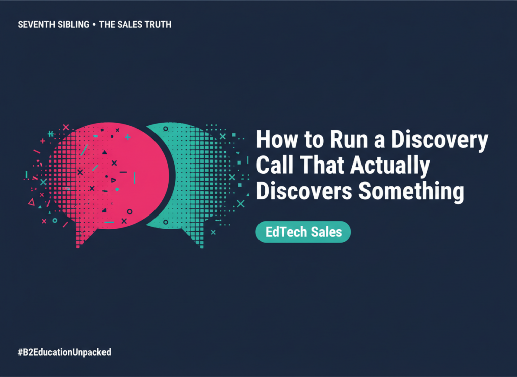 Dark navy editorial graphic with a minimalist line-art illustration of an ear and a speech bubble dissolving mid-air, in hot pink and teal. Text reads: How to Run a Discovery Call That Actually Discovers Something. Seventh Sibling Consulting.